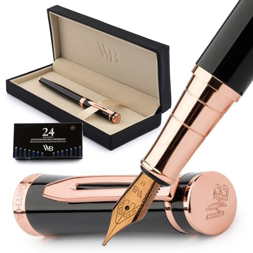 Wordsworth&Black Füllfederhalter-Set,18 K vergoldete Mittlere Feder,inkl. 24er-Pack Tintenpatronen,Tintennachfüllkonverter und Gechenkbox,Gold-Finish,[Schwarzes Roségold],Perfekt für Männer und Fraun