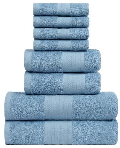 runico Set Asciugamani in Cotone 100%, 8 Pezzi, 2 Asciugamani Grande, 2 Asciugamani Mano, 4 Panni Lavare. Ideale per Bagno, Palestra, Hotel e Spa. Molto Assorbente (BLU)