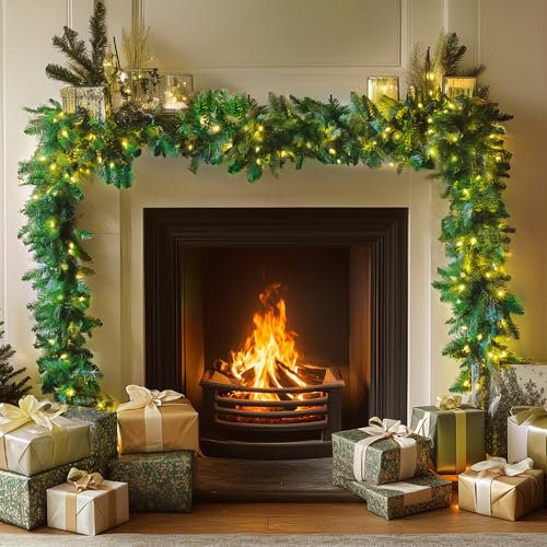 16FT/5M Christmas Garland with Lights, Xmas Garlands for Stairs Fireplace Front Door Table Porch Arch Mantle Garden Gate staircase,Light Up Artificial Wreath Home Outdoor Decoration,100 LED Lights