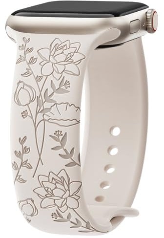 Yoohoo Floral Engraved Straps Compatible with Apple Watch Straps 38mm 40mm 41mm 42mm(Series 10) for Women,Cute Flower iWatch Bands Soft Silicone Sport Strap for iWatch Series SE 10 9 8 7 6 5 4 3 2 1