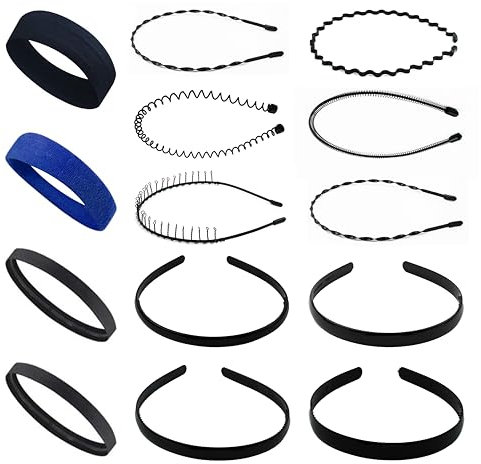 Serre Tete Homme – Lot de 15 Serre Tête Homme Ondulés Anti-glisses en Métal et Plastique Unisexe - Sert Tete Homme et Femme Elastiques pour Sport et Quotidien – Noir & Bleu