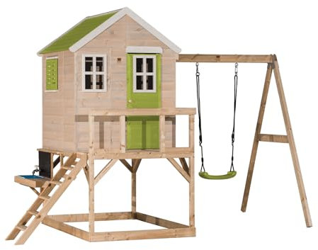 Wendi Toys M23L-K Kinderspielhaus Outdoor mit Schaukel und Küche, 192 x 350 x 242 cm, Grün, FSC Holz – Gartenspielplatz für Kinder, wetterfestes Spielhaus mit Schaukel und Outdoor-Küche