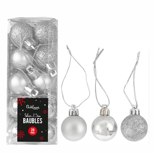 Silver Baubles Ornament Balls With Hooks Strings Glitter Matt Balls Shiny Pendants Decorations Hanging For Christmas Tree Seasonal Holiday Wedding Party Essentials 2.5cm Dia (20Pack)
