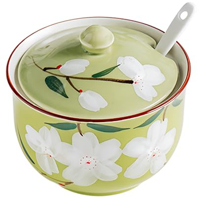 Dowbom Sugar Bowl With Lid And Spoon, 300ml Storage Jar, Flower Sugar Container, Sugar Jar, Sugar Pot, Sugar Dish (Green)