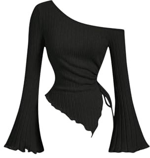 GORGLITTER Women's Asymmetrical Off Shoulder Ribbed Tee Bell Sleeve Drawstring Slim Fit Tops Black X-Small