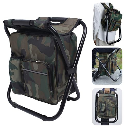 lcvtos Silla de Mochila, Taburete Plegable para Silla de Camping con Bolsa Refrigeradora, Taburete de Camping Portátil 3 en 1, Tela Oxford de PVC 600D, para Pesca,Camping,Caza (Camuflaje)