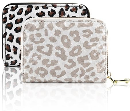 KASESSS 2 Pièces Porte Carte Homme, PU Cuir Porte Carte Femme, Porte-Carte Homme Imprimé Léopard Mode, Porte Cartes avec Fermeture Eclair, Étui Carte Bancaire avec 11 Emplacements Cartes (Blanc,Noir)