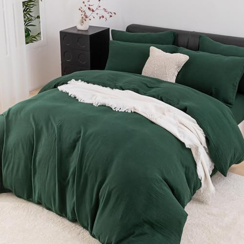 YASMENG Doppelte Muslin Bettwäsche 155x220 Dunkelgrün 100% Baumwolle Bettwäsche Muslin Weich Atmungsaktiv Kuschelige Bettbezug Set 3 Teilig mit Reißverschluss und 2 Kissenbezüge 80x80 cm