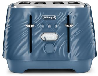 De'Longhi Ballerina Seta - 4 Slice Toaster, Wide Slot Toaster with Independent Controls, Defrost & Reheat Functions, Extra Lift, Removable Crumb Trays, 1800W, Silk Blue (CTDS4003.BL)