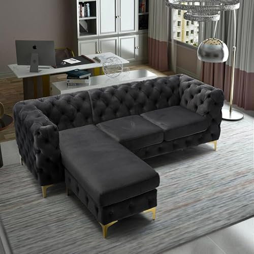 Snooze Chesterfield 3 Seater Sofa with Chaise Lounge – L Shape Right/Left Hand Corner Sofa – Deep Button Tufted Design with Gold Metal Legs – Couch for Living Room (Black, Left Hand Chaise)