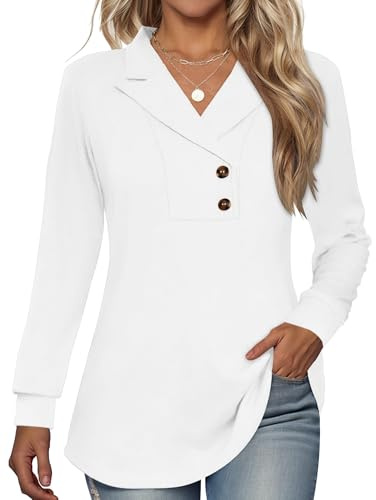 Tisfeer Pullover Damen Sweatshirt V-Ausschnitt Langarm Elegant Lässig | Reverskragen V-Ausschnitt mit Zierknöpfen Weich Locker Einfarbig Tunika Oberteile für Alltag Arbeit Freizeit Herbst Winter