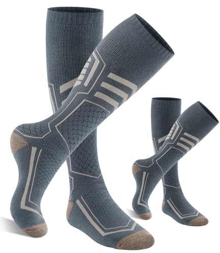 PULIOU Skisocken Merinowolle, Thermosocken Herren Snowboarden, Atmungsaktiv Schnell Trocknend Antiblasen Warme Dicke Merino Socken Für Kaltes Wetter Herren Damen Jugendliche 35-51(2 Paar) Grau 1 XL