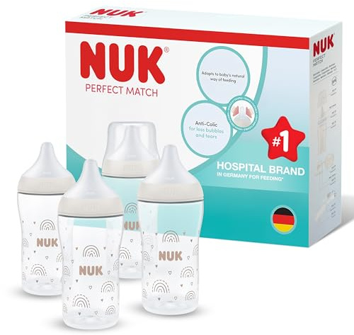 NUK Perfect Match Baby Bottle | 3+ Months | 260ml | Anti Colic Feeding Bottle | PP | Temperature Control Indicator | Rainbow | 4 Count