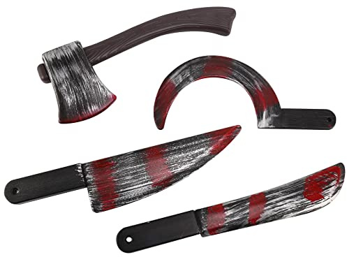 Asyduey 4Pc Halloween Plastic Fake Bloody Props Weapon Knife Ax Cleaver Sickle Role-Playing Horror Toy Halloween Party DIY