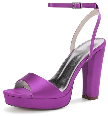 KYEGLO Sandali con Tacco Alto E Largo in Raso con Punta Aperta da Donna, Punta Arrotondata E Cinturini - Scarpe con Plateau Alto per Abiti da Sposa O da Sera,Viola,41