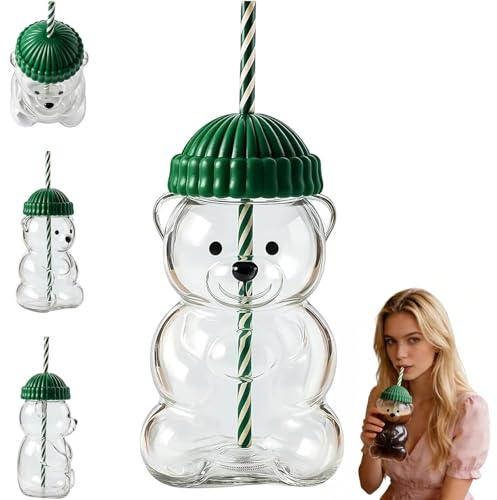 TIEBLU 600ml Bear Glass Cup with Beanie Green Lids and Straws 20oz Cold Coffee Cute Teddy Bears Straw Cup Mug for Hot Drinks Milk Christmas
