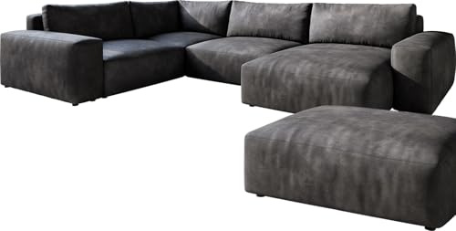 DELIFE Wohnlandschaft Lanzo Lederimitat Vintage Anthrazit 300x210 cm Recamiere variabel mit Hocker