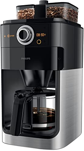 Philips Filterkaffeemaschine mit Mahlwerk – 1.2-Liter-Glaskanne, bis zu 12 Tassen, Duo-Behälter für Kaffeebohnen, Timer, schwarz/metallisch (HD7769/00)