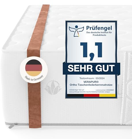 verapur Ortho Plus Taschenfederkernmatratze, H1-90 x 220 cm, 7-Zonen Matratze, Tonnentaschenfederkernmatratze, waschbarer Bezug, Öko-Tex, 23 cm hoch