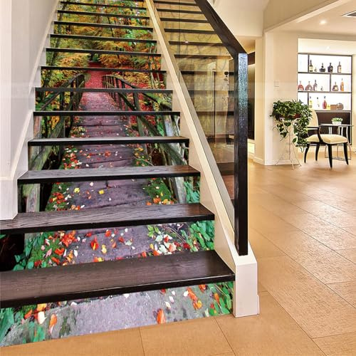 FLFK 13Pcs Maple Leaf Wooden Bridge Stair Risers Sticker Peel and Sick 39.37x7.08,Self-Adhesive Staircase Stickers Decals Mural Wallpaper for Home Decor