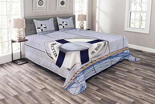 ABAKUHAUS Marine Tagesdecke Set, Ferien Seaman Ozean, Set mit Kissenbezügen Waschbar, für Doppelbetten 220 x 220 cm, Creme Taupe