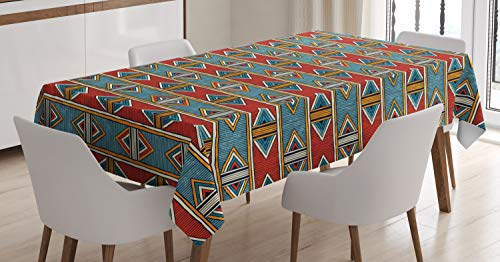 ABAKUHAUS afrikanisch Tischdecke, Rhombus Tribal, Pflegeleicht Waschbar Schmutzabweisend und mit Klaren Farben Hochwertiger Druck, 140 x 240 cm, Rot Teal