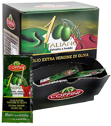 Olio extra vergine di oliva Coppini 100% Italiano estratto a freddo in bustine monodose 10 ML - 1 dispenser x 104 bustine