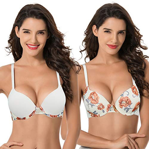 Curve Muse Women's Plus Size Perfect Shape Add 1 Cup Push Up Underwire Bras, Cream Print,Cream (2 Pack), 44DDD