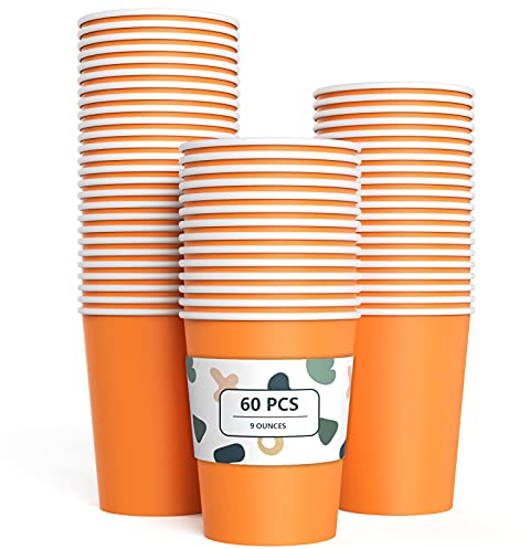 Lot de 60 gobelets en carton jetables biodégradables et compostables pour fête, anniversaire, bricolage - Orange - 266 ml