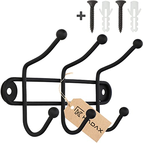 KADAX Wandgarderobe, Garderobenhaken, Hakenleiste, Doppelhaken, Kleiderhaken, Garderobenleiste, Wandhaken aus Stahl, Bademantelhaken, Handtuchhaken, matt, schwarz (3 Haken)