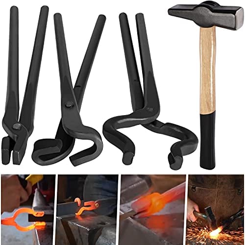 Knife Making Tongs Set & Blacksmiths’ Hammer 0000811-1000 Perfect for Assembled Bladesmith Blacksmith Forge Tong Tools Set Vise Tools Anvil Hammer (4-Pieces)