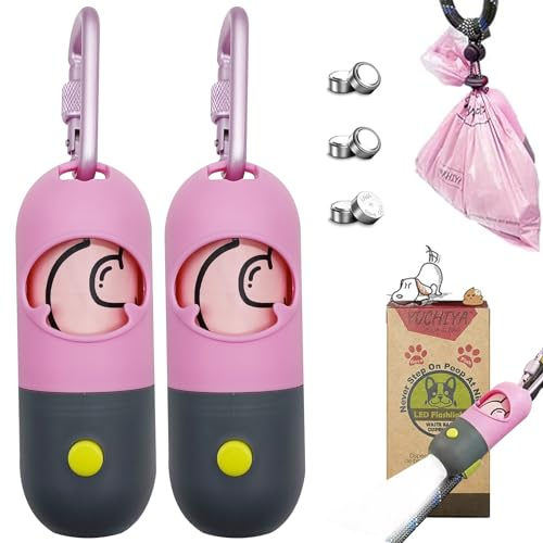 Dog Poo Pickup Taschen Halter mit LED Taschenlampe| Pet Waste Bags Spender mit Bleileinenclip| Hundekot Müllsäcke Träger mit KarabinerVerschluss Elastisches Seil LR44 Knopfzellen