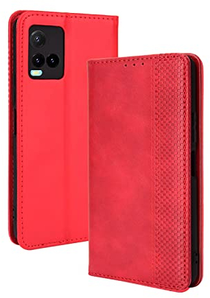 GOKEN Leder Folio Hülle für vivo Y21s / vivo Y21 / vivo Y33s, Lederhülle Brieftasche Mit Kartensteckplätzen, Premium Flip PU/TPU Handyhülle Schutzhülle Case Cover mit Ständer Funktion (Rot)