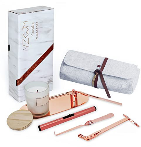 Exquisite Candle Accessories Tool Pack Bag, Rechargeable Electric Lighter， Wick Trimmer, Dipper, Snuffer and Tray Holder Elegant Kit Gift for Candle Lovers in Dating, Valentines Decor. (Rose Gold)