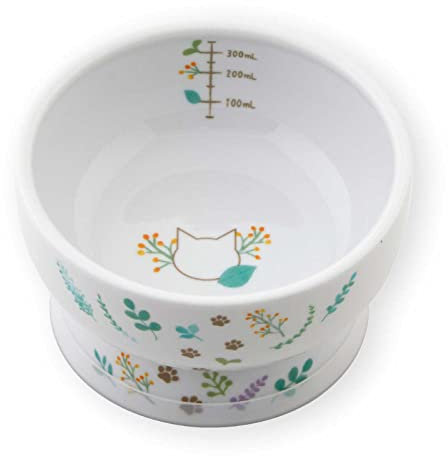 NECOICHI Raised Cat Water Bowl, Elevated, with Measurement Lines, Dishwasher and Microwave Safe, No.1 Seller in Japan! (2022 Botanical Garden Limited Edition New, Regular), White (DC-0704-BG22US)