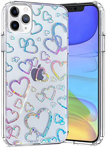 Efitoo Compatible with iPhone 11 Pro Max Case Glitter Clear with Design Laser Holographic Rainbow 3D Heart Love Sparkle Cute Bling Hard PC & TPU Shockproof Protective Women Girls Phone Cover