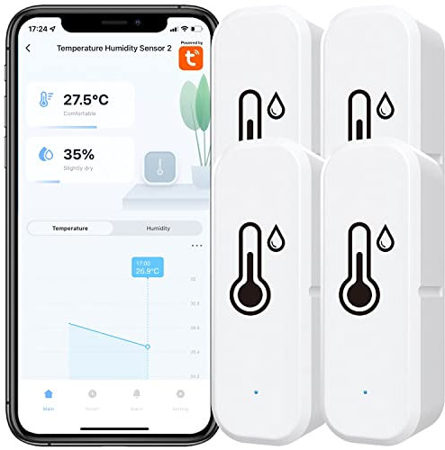 RANRAO 4 sensores inalámbricos de Temperatura y Humedad para Tuya WiFi, para Tuya Detector Inteligente de Temperatura y Humedad para el hogar Interior para Invernadero doméstico