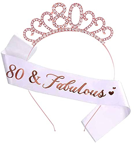 80th Birthday Sash and Crystal Tiara Birthday Crown for 80th Birthday Decorations Women Birthday Gift Party Accessories