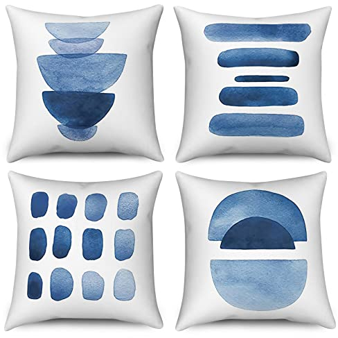 Hnmdmyi Funda de Cojín Azul 45x45 Juego de 4, Boho Abstracto Azul Marino Geométrico Fundas de Cojín Decorativas Minimalista Arte Moderno Estético Funda de Cojín de Lino para Sofá Cama Home Decor