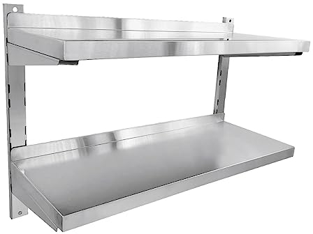 Allpax Wandbord 120 x 40 cm - höhenverstellbar - 2 Ablageböden - Aufkantung hinten - Belastbarkeit 35 kg - inkl. Befestigungsmaterial - Edelstahlregal für die Gastro, Hängeregal, Kühlregal