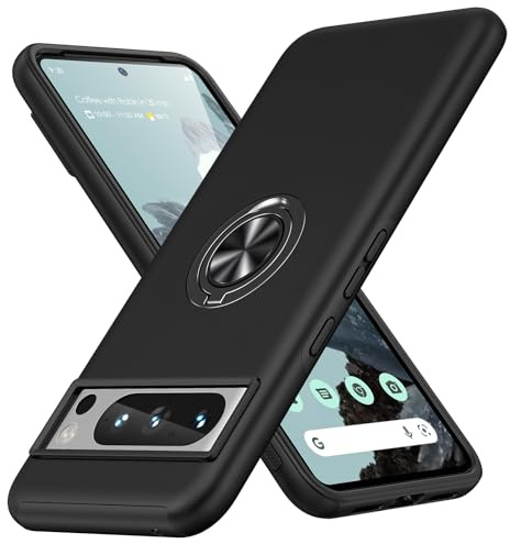AOUIA für Google Pixel 8 Pro Hülle mit 360° Drehbarer Ring Ständer, Militärischer Stoßschutz Pixel 8 Pro Hülle Handyhülle für Google Pixel 8 pro, Schwarz