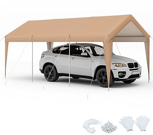 COSTWAY 3mx6m Carport, Heavy Duty Galvanized Car Canopy with Waterproof Tear Resistance Cover, 8 Legs & Ball Bungees, Garage Boat Shelter Party Tent for Outdoor Garden