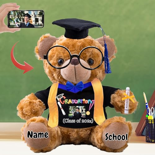 Graduationbär Personalisierte Graduation Geschenke mit Text+Foto, Teddybär mit Brille und Abschlussschal als Schulabschluss Geschenk für Ihn 2025 Oberschule Graduation 2025 (20 cm-Text+Foto)