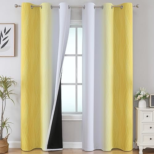 VEHEDE Farbverlauf Schallschutz Verdunklungsvorhänge Wohnzimmer, Thermovorhang Hitzeschutz Gegen Kälte Gardinen mit Ösen, Raumteiler Vorhang Schlafzimmer, H 214 x B 107 cm, Gelb und Weiß, 2er Set