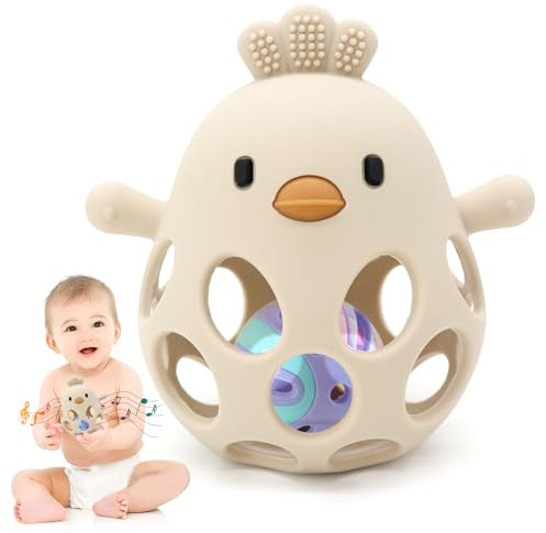 FePen Beißring Silikon Hühnchen Spielzeug Ab 3 Monate für Sinnes- und Kauentwicklung, BPA-frei Zahnen und Greifling für Baby