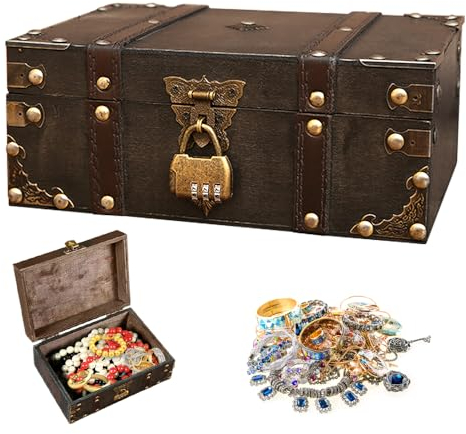 FENGQ Vintage Holz Schatztruhe, Holz Aufbewahrung Schatzkiste 24 x 17 x 10cm, Schatztruhe mit Zahlenschloss, Holztruhe Kinder Holzkiste Groß mit Deckel für Aufbewahren Dekorieren Kindergeburtstag