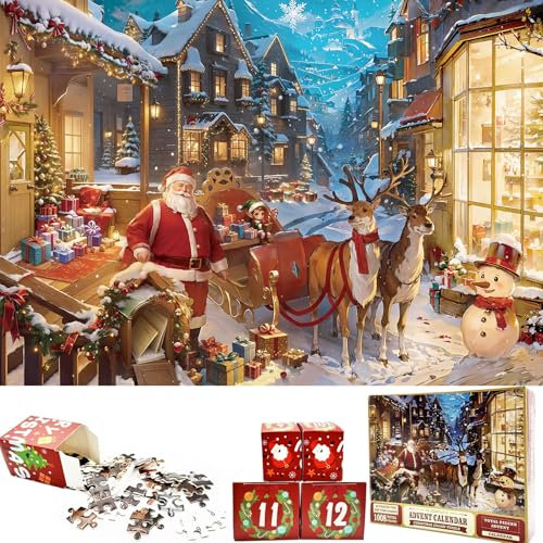 VEEKAY Adventskalender Puzzle,24 Boxen -1008 Teile,Katzen Weihnachts Jigsaw Puzzle,Countdown bis Weihnachten,Weihnachten Geschenke,Hausdekoration,Weihnachtskalender Puzzles (Alter Mann Elch)