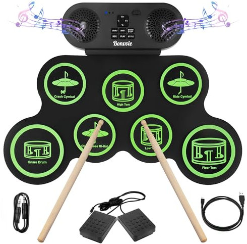 Electronic Drum E-Drum Kit, Bonvvie Roll Up Digital Drum with 7 Pads, MIDI, DTC, Built-in Dual Speakers, Rechargeable 1200mAh Li-ion Battery, Ideal for Beginners, Students & Music Enthusiasts