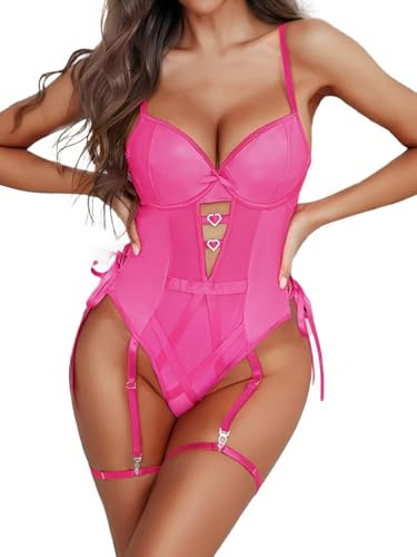 Aranmei Lingerie da donna sexy gotica in pelle patchwork maglia body un pezzo Teddy corsetto body top, Rosa acceso, S