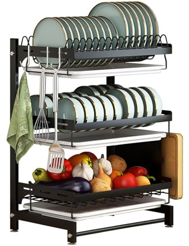 Miuxe Escurreplatos Escurridor De Platos De Cocina De Acero Inoxidable Montado En La Pared con Estante De Almacenamiento De 3 Niveles, Organizador De Estante De Cocina para Almacenamiento De Platos